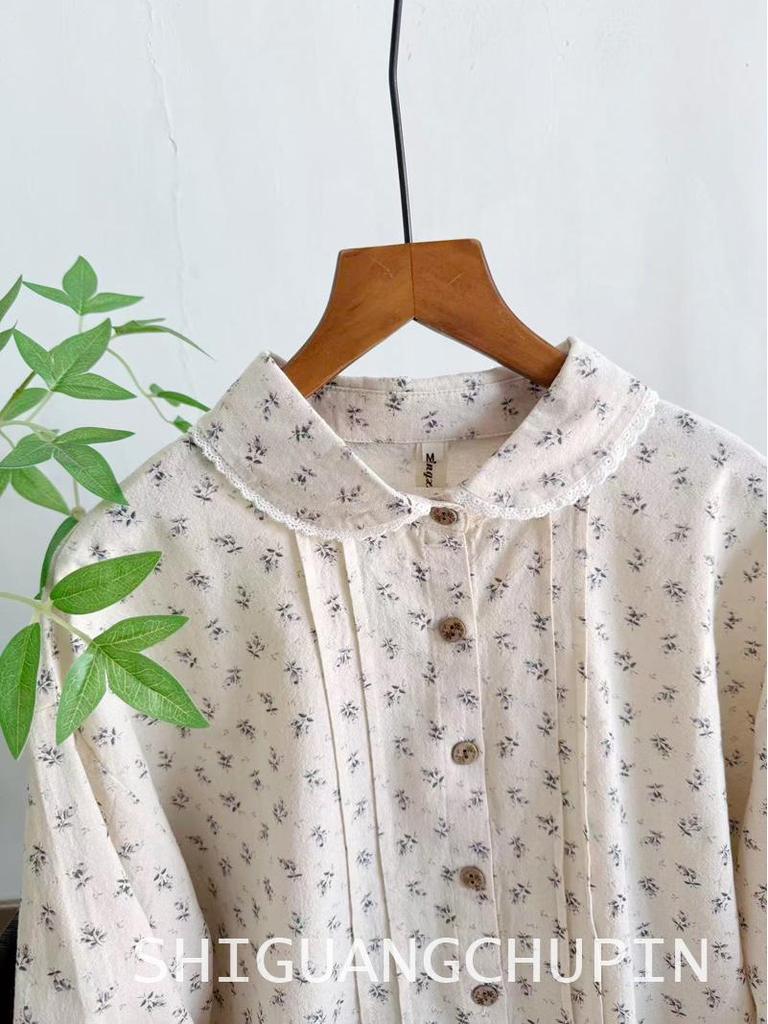 Sweet Japanese-Style Floral Lace Doll Collar Pleated Long-Sleeve Women's Shirt for Spring