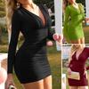 Женское платье осень-весна с плиссировкой, глубоким вырезом, V-образным вырезом, облегающее, однотонное, с длинными рукавами, эластичное, мини-платье для клубной вечеринки