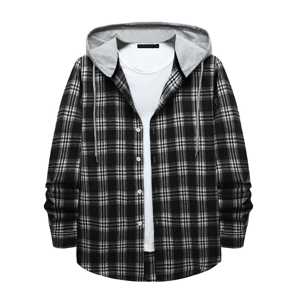 Men's Plaid Shirt Hooded Button Sweatshirt Men's Casual Fashion Sweatshirt