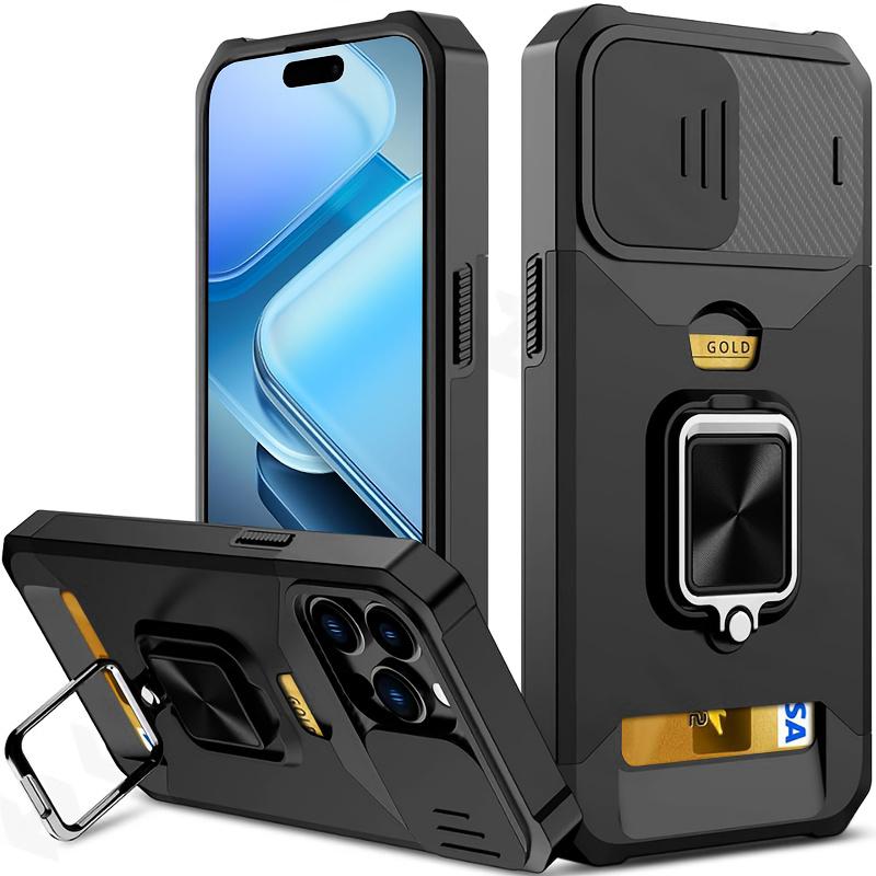 Ударопрочный тяжелый жесткий чехол с металлической подставкой и слотом для карт для iPhone 16 Pro Max 15 Pro Max 14 Pro Max