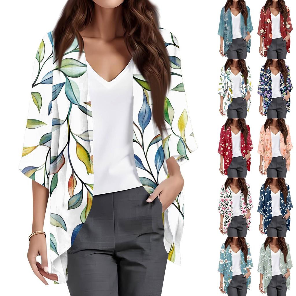 Ladies Fashion Loose Casual Print Beach Holiday   Sleeve Chiffon Cardigan