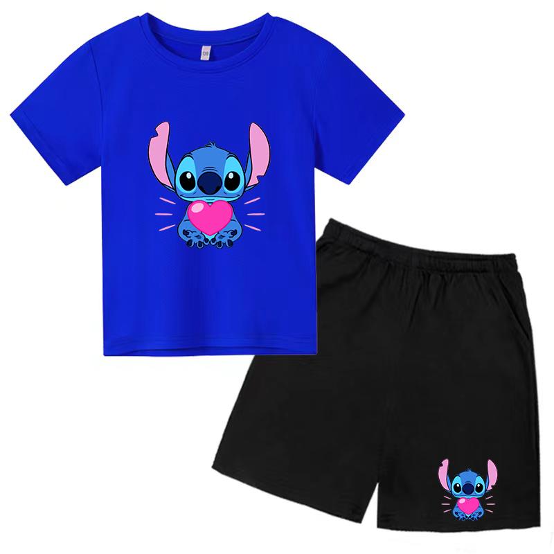 Детская футболка Stitch Аниме 3-12 лет для мальчиков и девочек дошкольного возраста Топ+Шорты Красивый шарм для вечеринки для девочек Спортивный набор для бега и повседневной носки