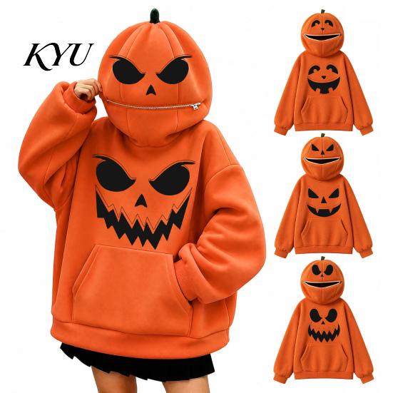 Holiday Party Apparel Women Oversized Halloween Pumpkin Hoodie, Fall Long Sleeve Hooded Casual Top Sweatshirt with Pocket, Jack-O-Lantern Costume