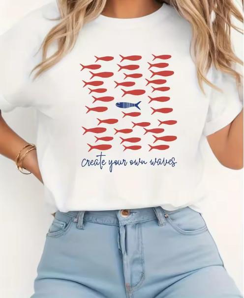 Create Your Own Waves Red Fish Blue Letter Print Women T-Shirt Crew Neck Short Sleeve Summer Casual Fashion Tops