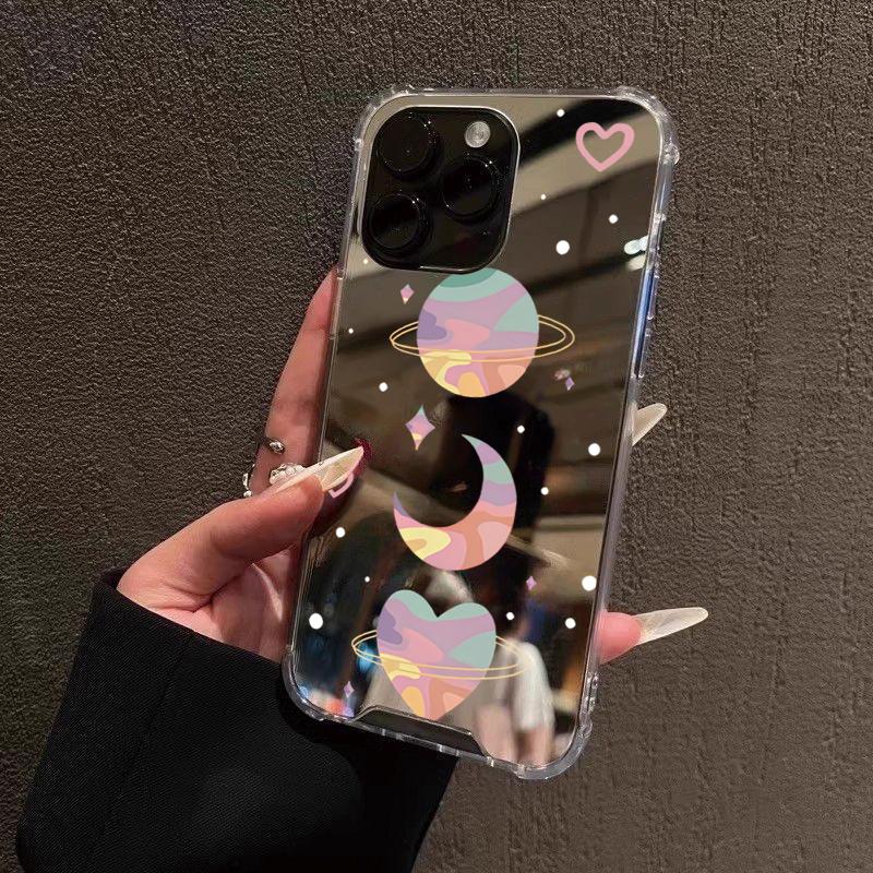 Чехол для телефона с ярким узором 'Луна и Сердце' для iPhone 16 15 14 13 12 11 Pro Max XS X XR 7 8 Plus SE2 Зеркало для макияжа Ударопрочный чехол