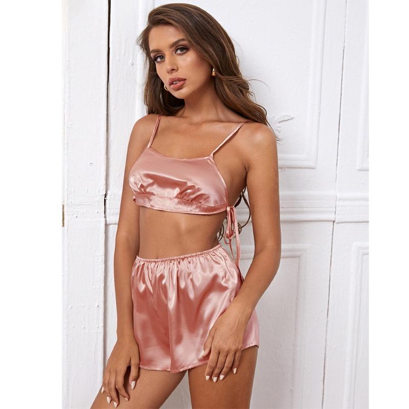 Женская горячая сексуальная однотонная пижама из ледяного шелка, сексуальные шорты на подтяжках, комплект домашней одежды из двух предметов