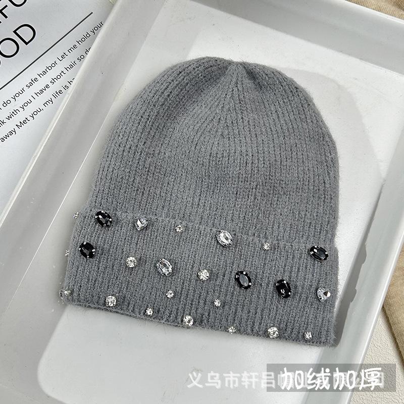 Autumn and winter new velvet thickened rabbit hair knitted hat children's fashion rhinestone wool hat warm cover cold hat