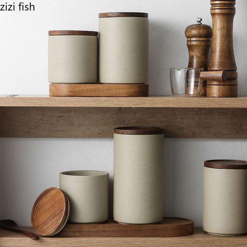 Ретро керамическая банка для хранения чая, кофе, банки с деревянной крышкой, герметичная банка, органайзер, коробка, домашняя кухня, контейнеры для хранения продуктов, кухонные принадлежности