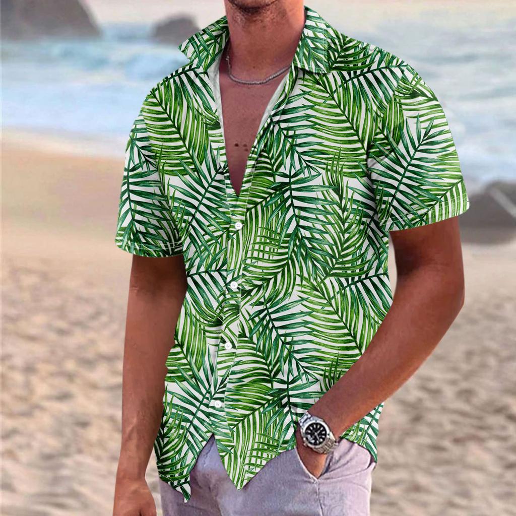 Men's Summer New Loose Print Short Sleeve Shirt Cardigan Beach Shirt