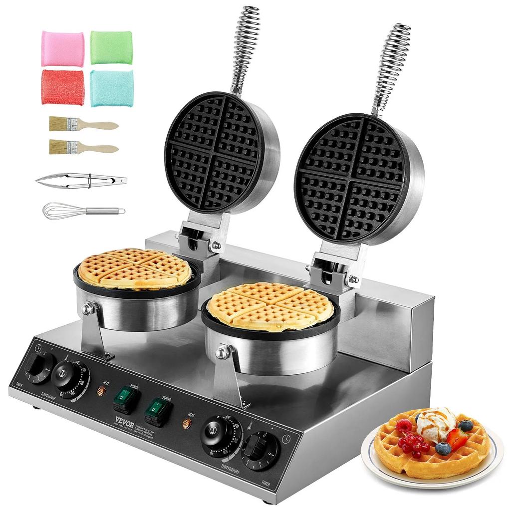 VEVOR Commercial Waffle Maker, Dual-Head Round Waffle Baker Machine, 2460W Non-Stick Stainless Steel Belgian Waffle Iron with Temp and Time Control
