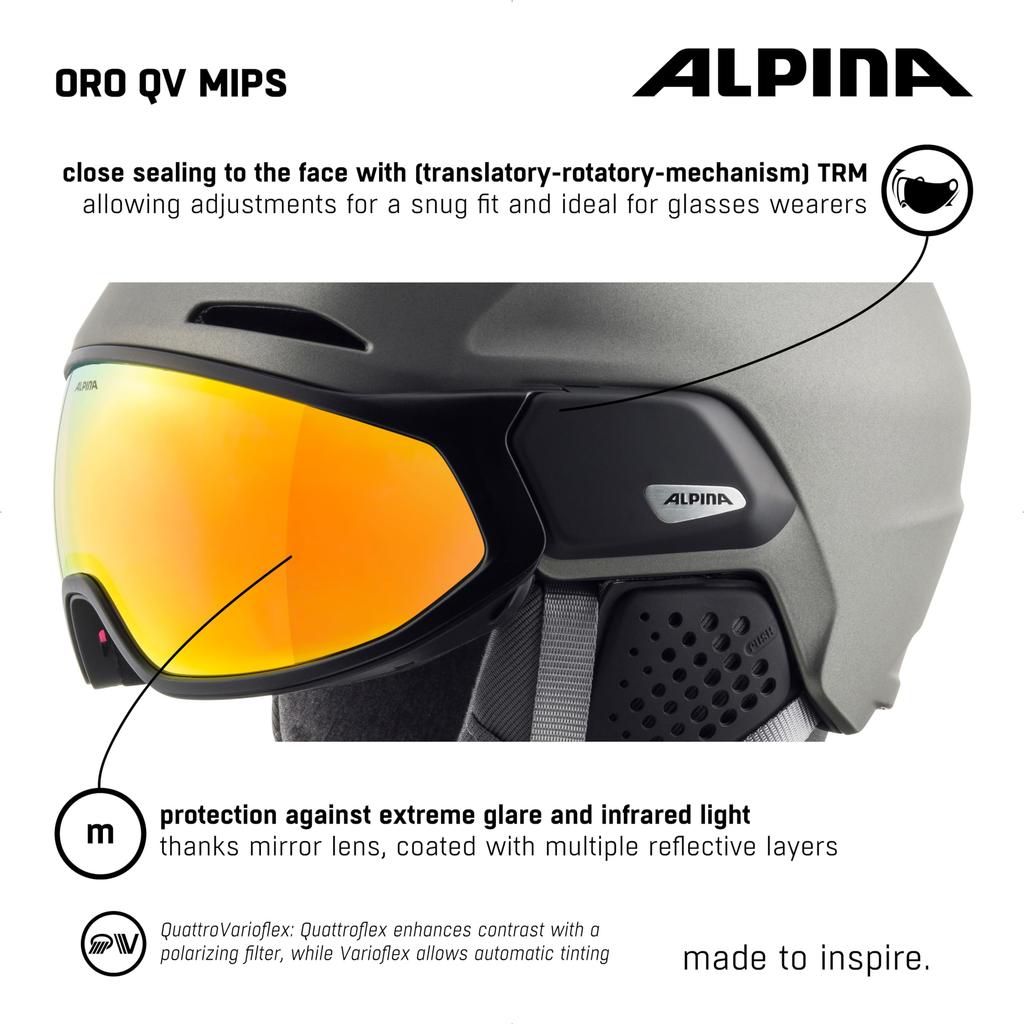 ALPINA ORO QV MIPS Ski and Snowboard Helmet with Polarized Photochromic Mirror and Glasses Size Cm Visor, MIPS, Compatible, 55-59
