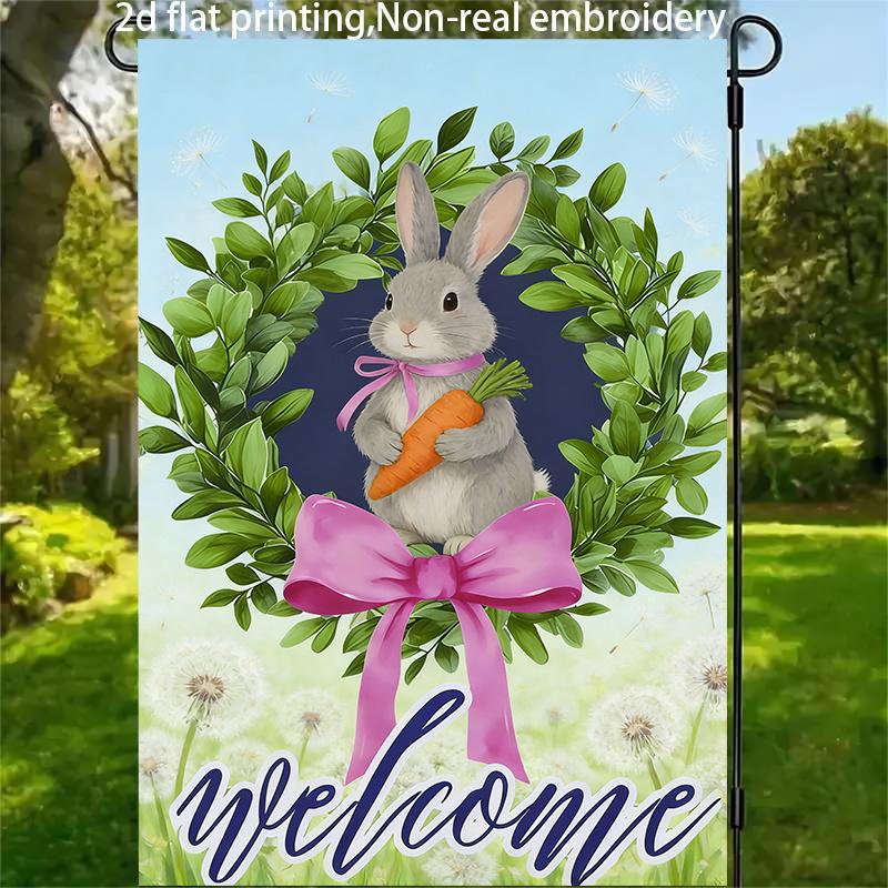 2D Flat, 1pc, 2D Flat Printing, Rabbit Wreath Welcome Garden Flag, Polyester Material, Multiple Sizes, Machine Washable and Durable for Outdoor Use. S