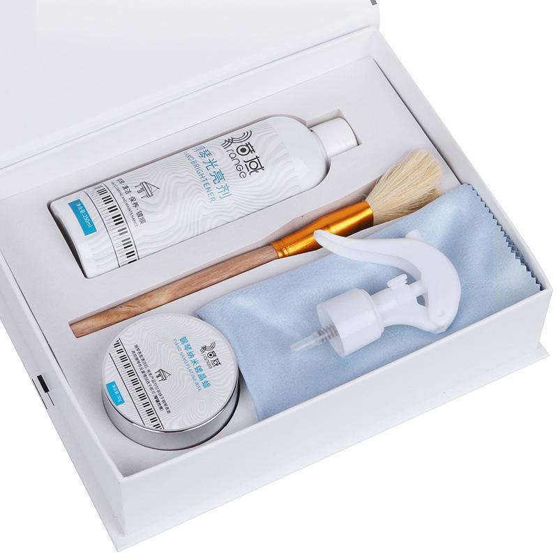 Набор для ухода за поверхностью пианино: Очиститель, Кондиционер, Средство для удаления царапин, Полировочная паста, Тряпка.