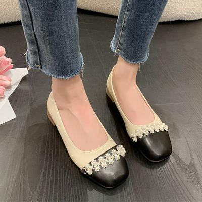 Модные летние новые туфли женские модные с квадратным носком, с мелким вырезом, с жемчужной вставкой, мягкие, на низком ходу, противоскользящие, износостойкие, повседневные туфли на низком каблуке