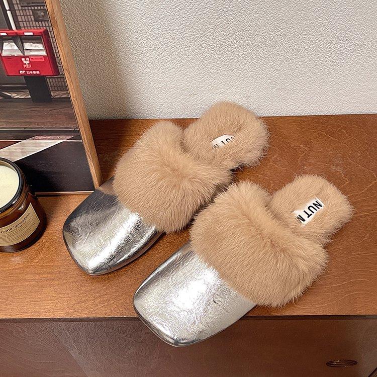 Fur Mules Shoes Women Slippers Warm Home Flats Cotton Shoes Winter 2024 Trend Fashion Flip Flops Brand Casual Plush Zapatos Lady