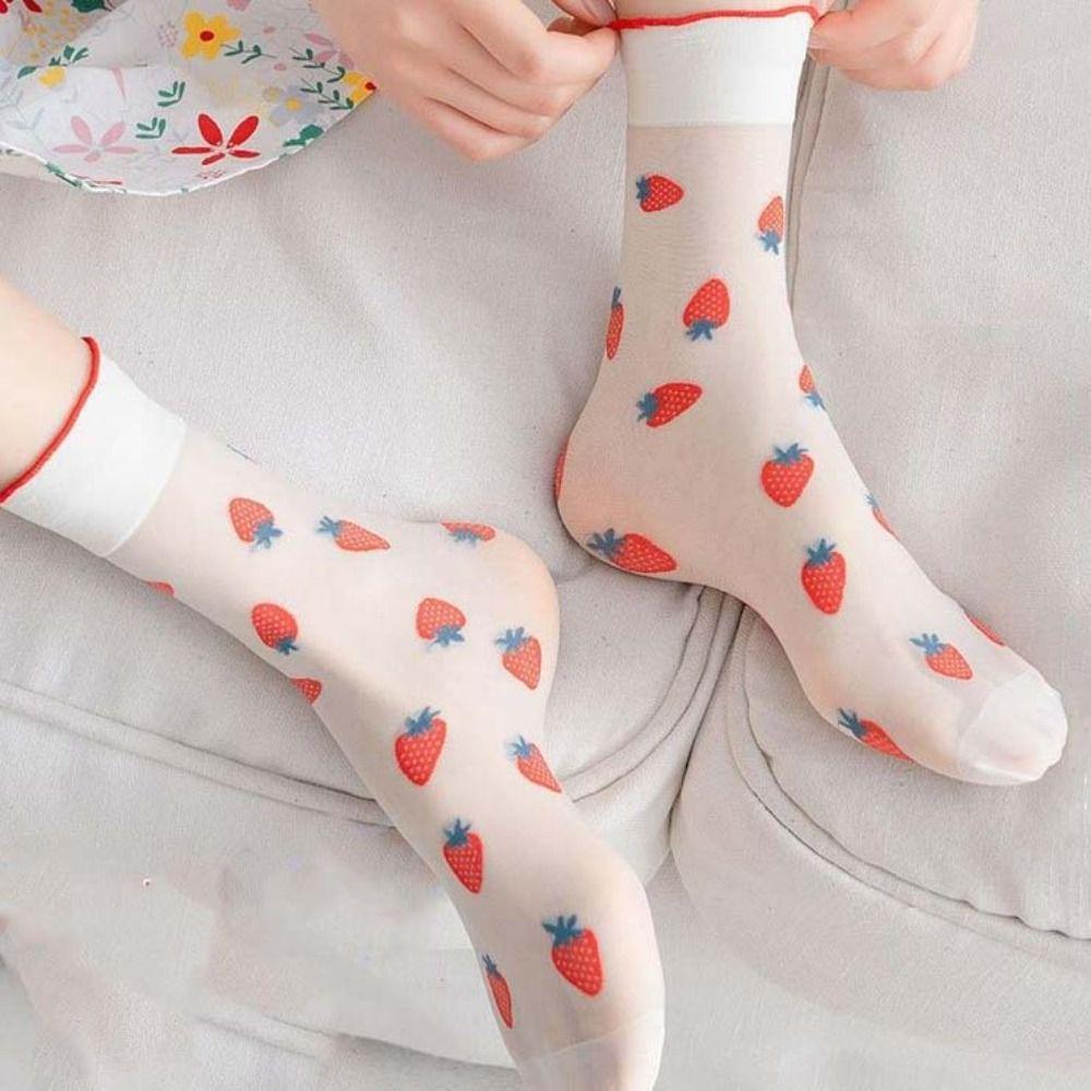 Cherry Transparent Flower Ruffle Socks Avocado Fruit Mesh Tulle Mid Tube Socks Streetwear