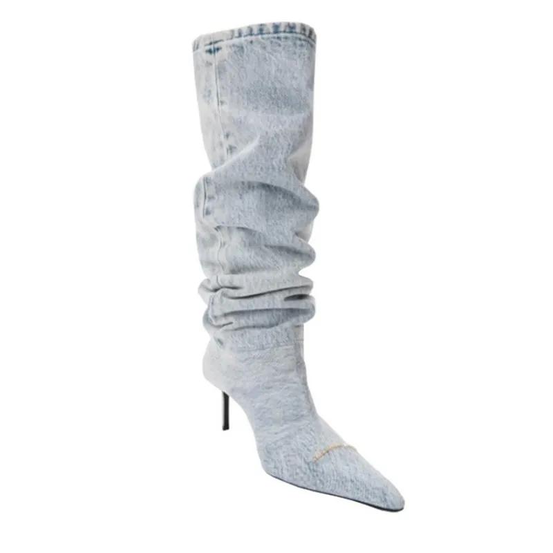 2024 Cowboy Knee High Chelsea Boots 2024 New Autumn Winter Pointed Toe Women Stilettos Shoes Gladiator Motorcycle