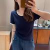 Новая футболка с коротким рукавом и U-образным вырезом, с контрастным цветом на переднем плече, женская модная, универсальная и тонкая, летний топ