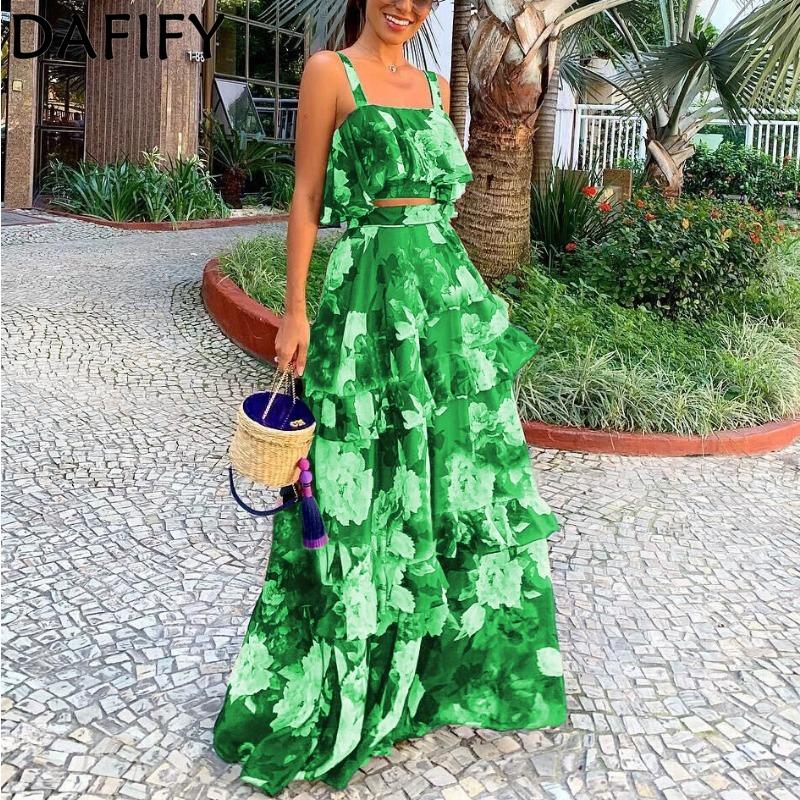 DAFIFY Женская мода, повседневный цветочный узор, принт, лето, весна, подтяжки без рукавов, квадратный воротник, юбка, костюмы