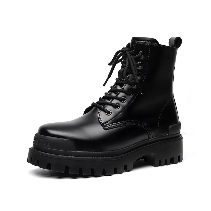 Winter Black High Top Men Mid Top Boots Lace Up Leisure All-match Men's Casual Boots Non-slip Trend Rubber Mens Thick Sole Boots