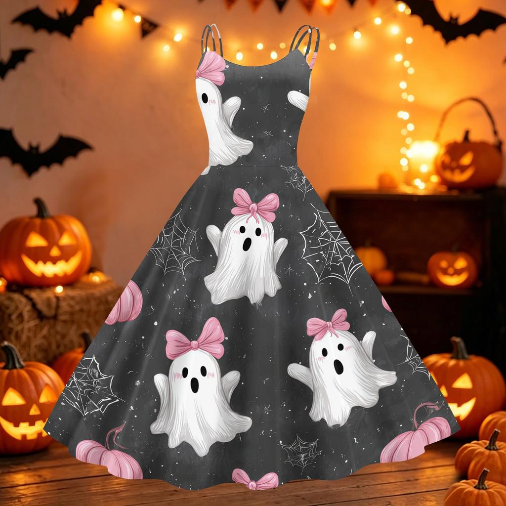 Womens Halloween Printed Off Shoulder Dress Vintage Punk Style Sleeveless Spaghetti Strap A Line Swing Dress with Flared Skirt for Party