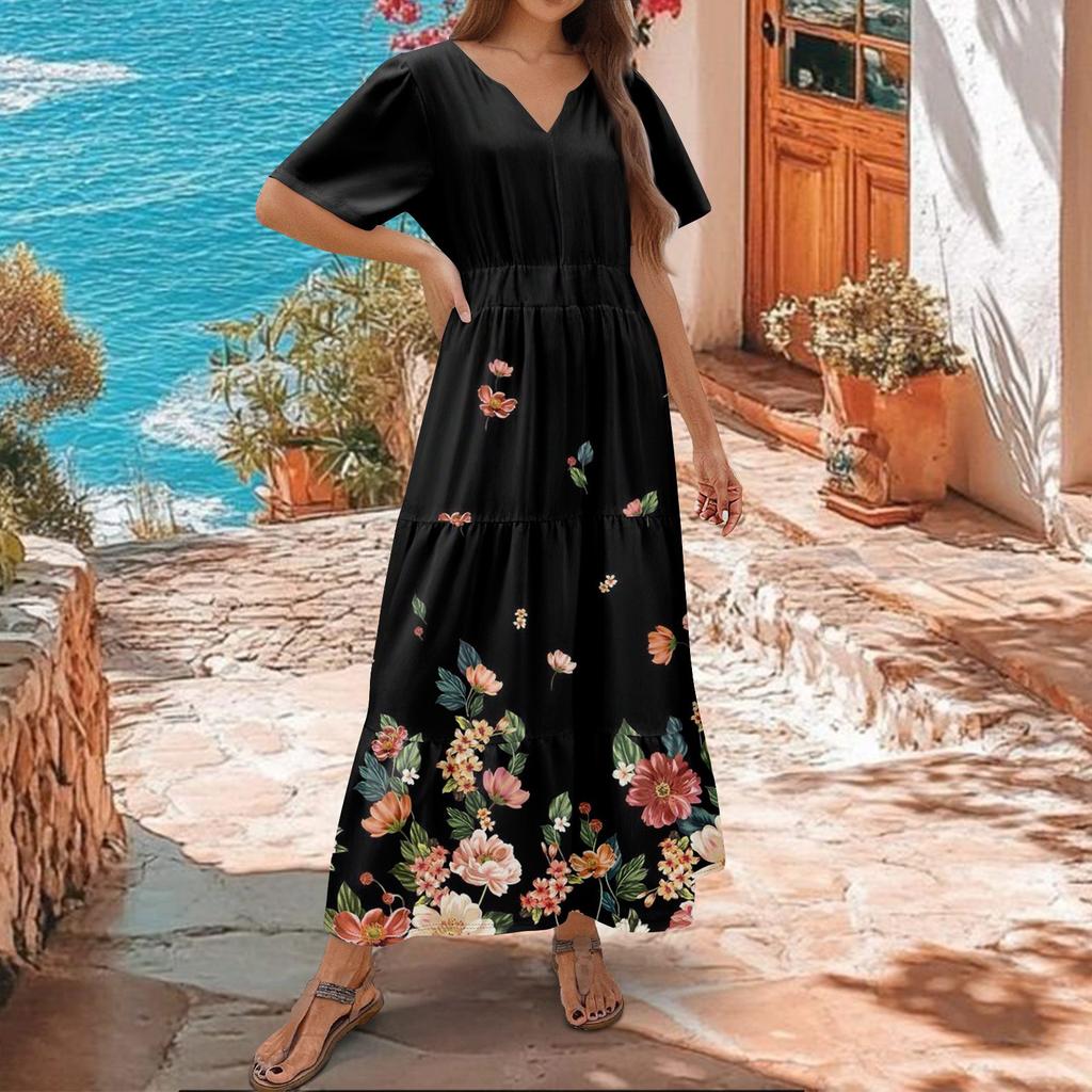 Women's  Summer Floral V Neck Maxi Dress Short Sleeve High Waist A Line Tiered Flowy Boho Vacation Dresses