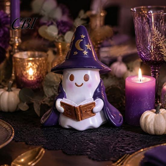 Halloween Party Supplies Lighted Ghost Figurine, Resin Wizard Statue with LED Light, Cute Figurine Reading Book Night Light for Home Desktop