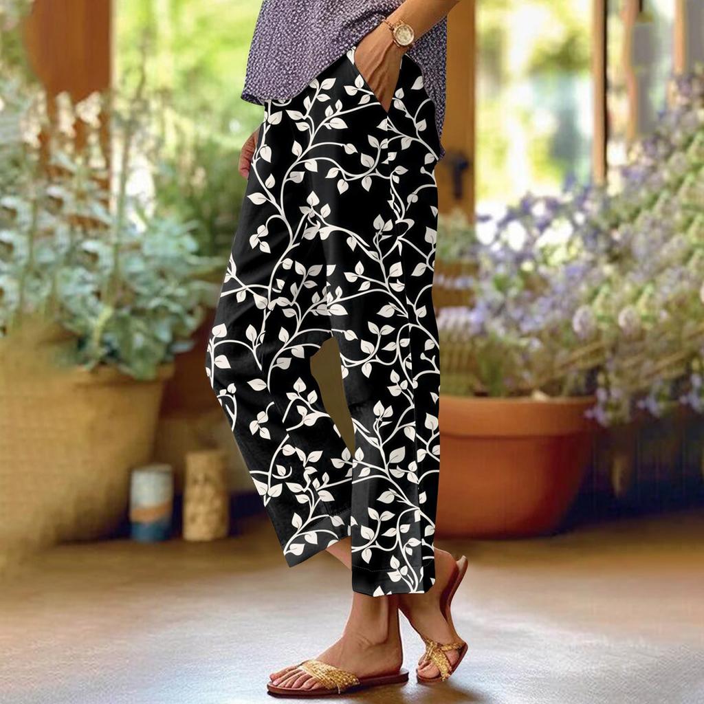 Women's Fashionable Floral Print Straight Leg Pocket Elastic Waist Casual Pants Pants