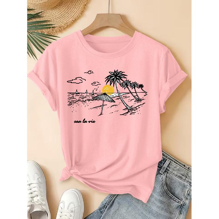 Beach doodle print short-sleeve vintage round neck shirt T Fresh and natural style loose-fitting shirt 2026 Elegant spring and summer party fashion
