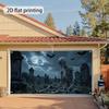 One 2D flat print banner featuring a Halloween skeleton witch and a cemetery scene, for a garage door.zyc