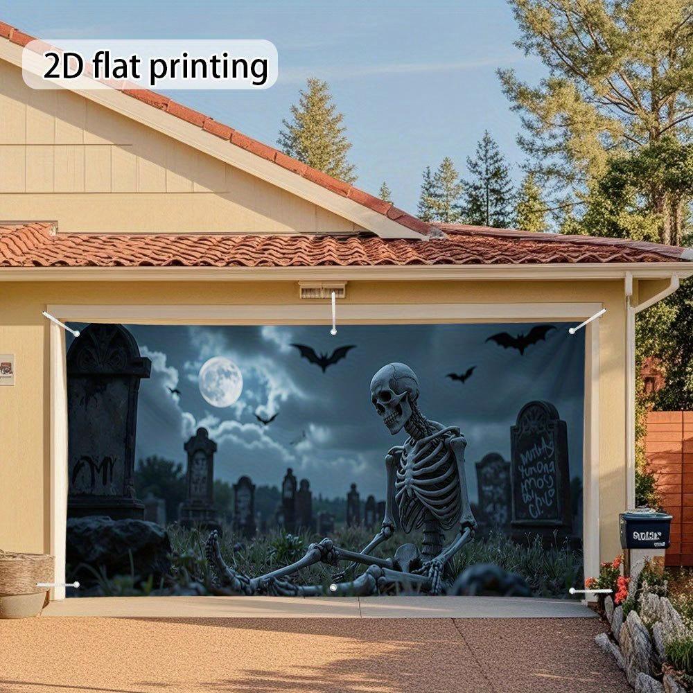One 2D flat print banner featuring a Halloween skeleton witch and a cemetery scene, for a garage door.zyc