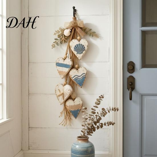 Coastal Style Home Decorations Hanging Heart Wall Decor, 5 Layered Hearts Ornament, Rustic Farmhouse Wood Vintage Whitewashed Sign Sign,