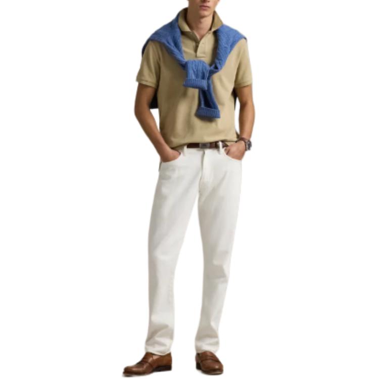 Polo Ralph Lauren Custom Slim Fit Однотонная рубашка-поло с пуговицами и коротким рукавом Мужские топы Бежевый 710680784-436