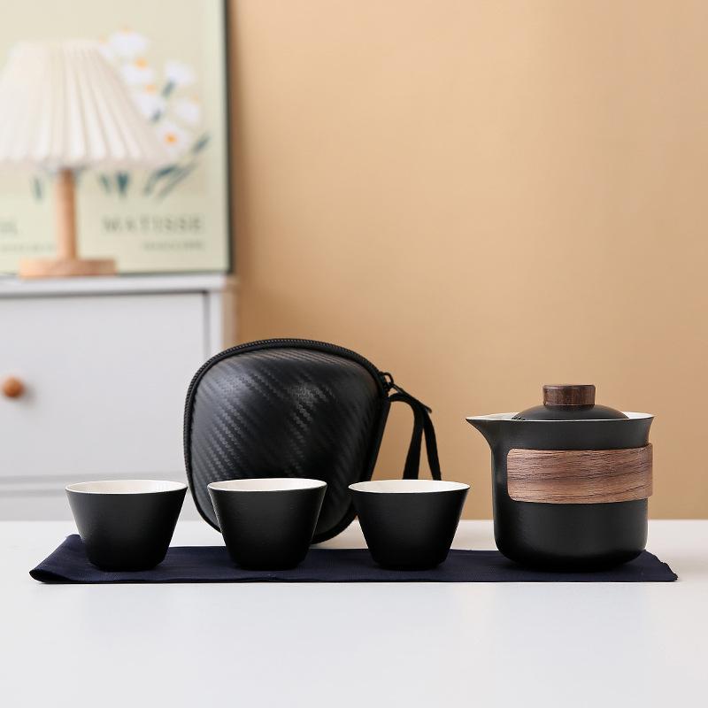 Ceramic coarse pottery portable travel tea set, small outdoor express cup souvenir business gift
