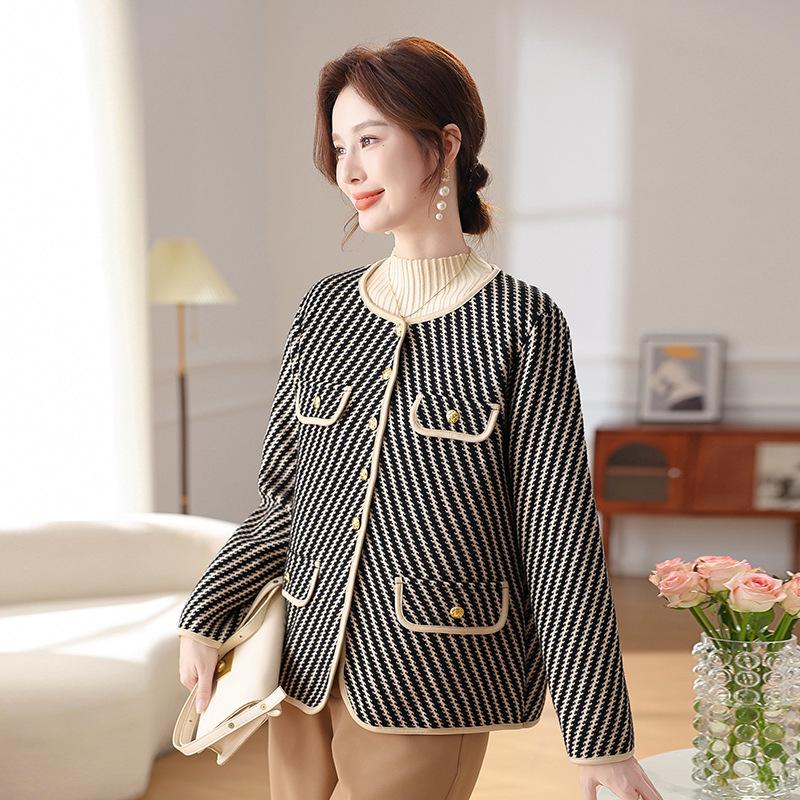 Elegant French Chic Striped Wool Cardigan for Women - Autumn/Winter Double-Sided Knit