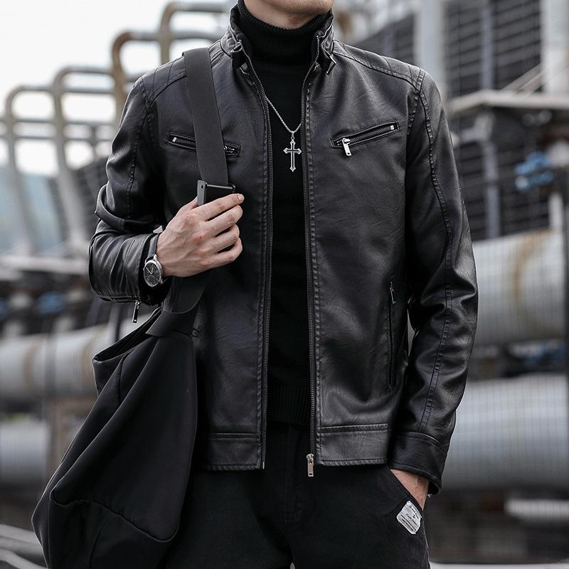 Новая мужская куртка из искусственной кожи, корейская повседневная мужская облегающая мотоциклетная кожаная куртка с воротником-стойкой, куртка из искусственной кожи для молодых мужчин