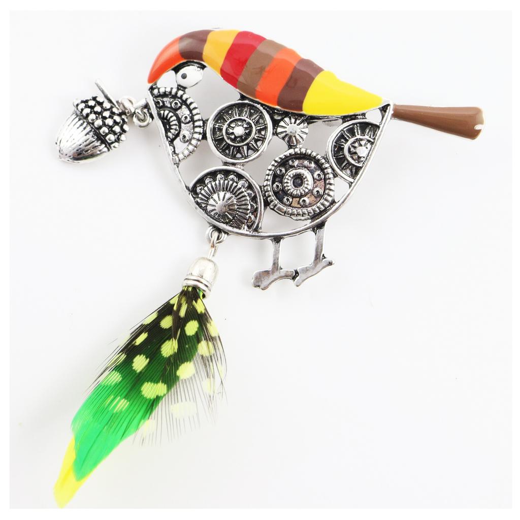 Les Trésors De Lily [R6120] - Designer Brooch 'Lilipoupettes' (nut-bird) Orange Green Silver - 80x60 Mm