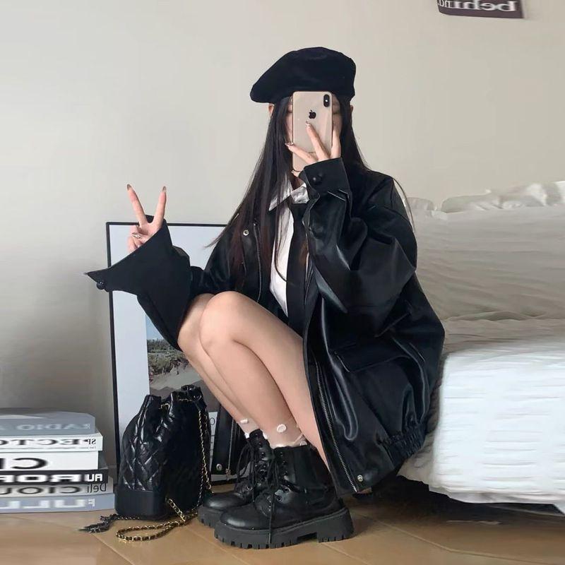 Винтажная кожаная женская укороченная куртка свободного кроя в корейском стиле, стильная куртка для мотоциклистов, миниатюрная, осень, новое поступление