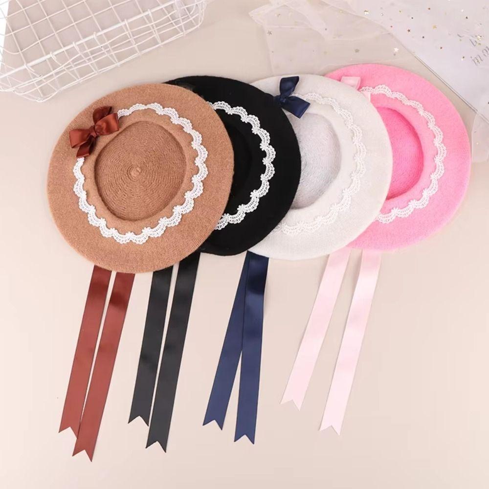 Warm Girl Lace Bow Hat Sweet Beanie Cap Y2k Painter Hat Cosplay
