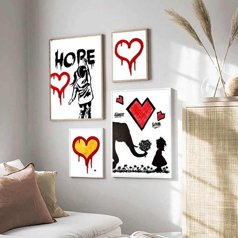 Граффити Бэнкси, красный воздушный шар, плакат, принты, абстрактные фигуры, картина на холсте, настенное искусство, картина для офиса, коридора, домашнего декора