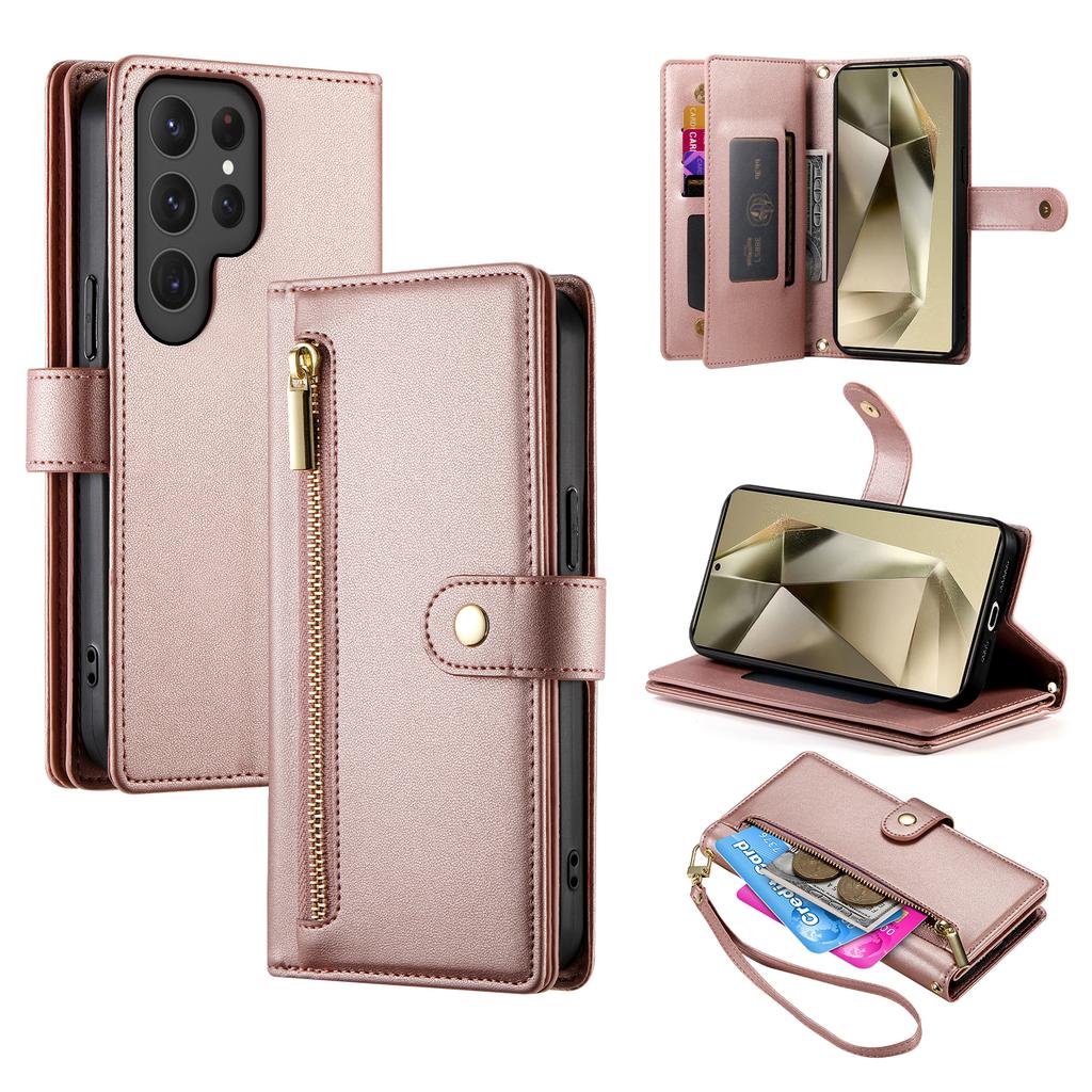 Для Samsung Galaxy S25 Ultra Чехол Кошелек с карманом на молнии Кожаный чехол для телефона с ремешками