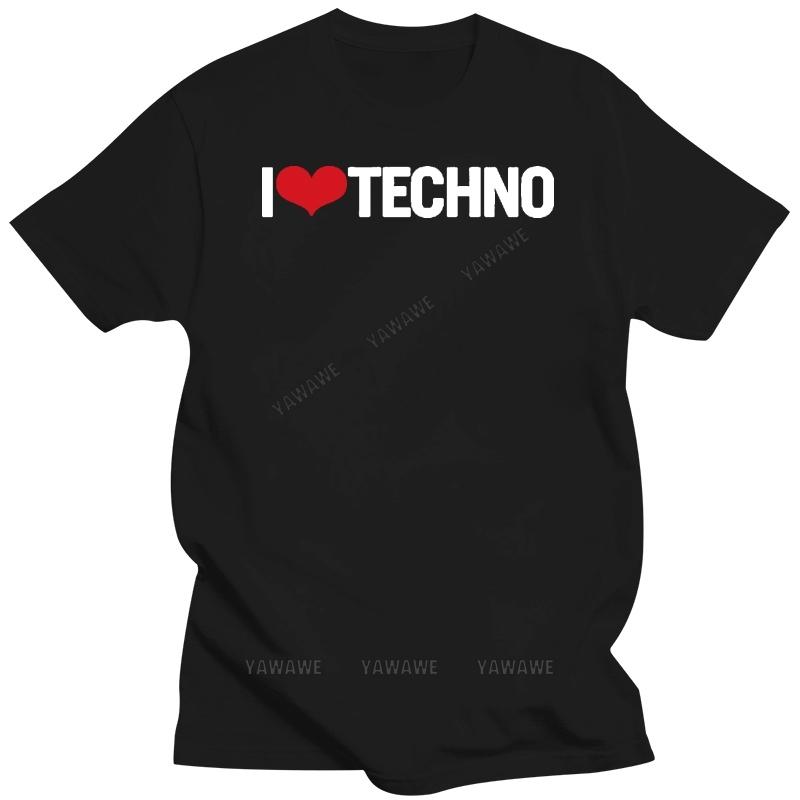 Печатная повседневная футболка I Love Techno для мальчика девочки Унисекс Натуральная мужская футболка С круглым вырезом С коротким рукавом облегающая Качественная мужская футболка