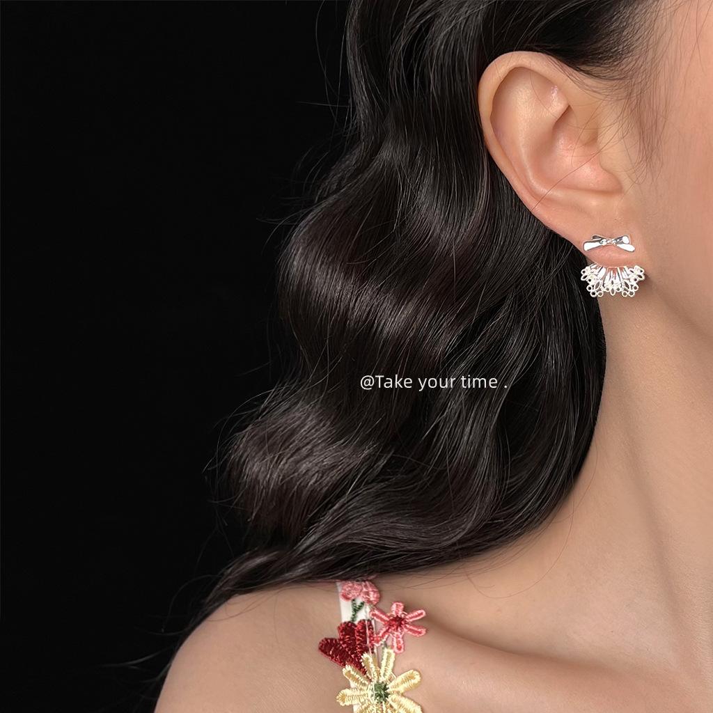 Less ballet, one pair of silver bow earrings, sweet style light luxury Korean 925 silver needle earrings
