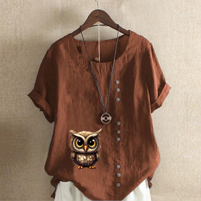 Women's Fashion Owl Prined Short Sleeve T-shirt Loose Cotton Shirt Casual Loose Summer Blouse Tops Plus Size
