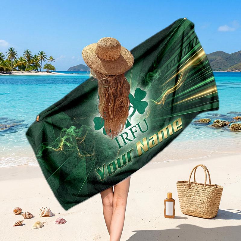 Ireland Rugby Customized Name Text Beach Towel, Soft Absorbent Towel Beach Pool Travel Personal Gift