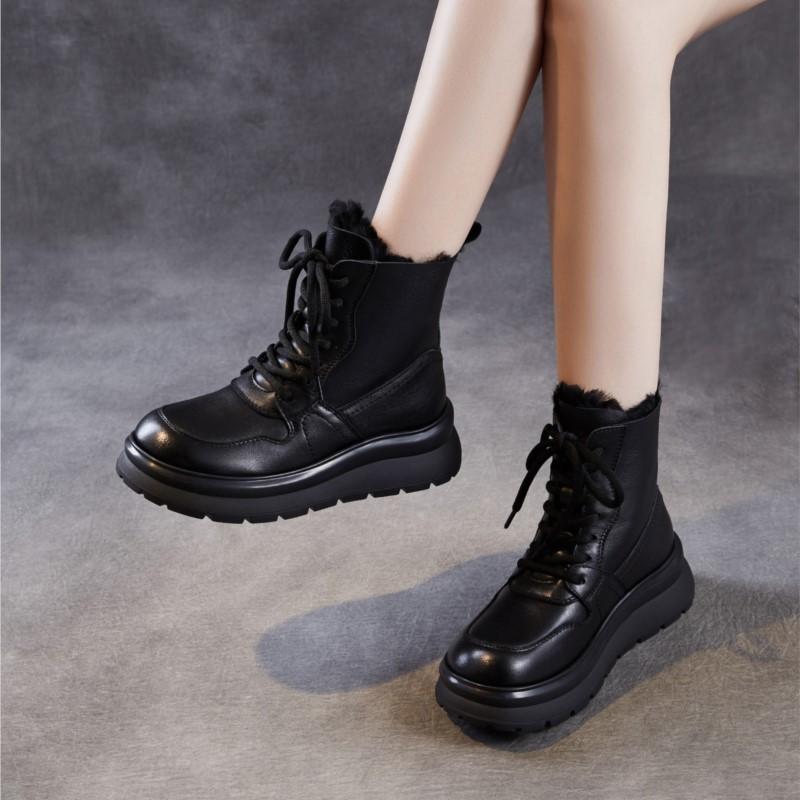 Johnature Женская обувь из натуральной кожи, повседневная, на толстой подошве и с плюшевой теплой шерстяной подкладкой, короткие ботинки на шнуровке