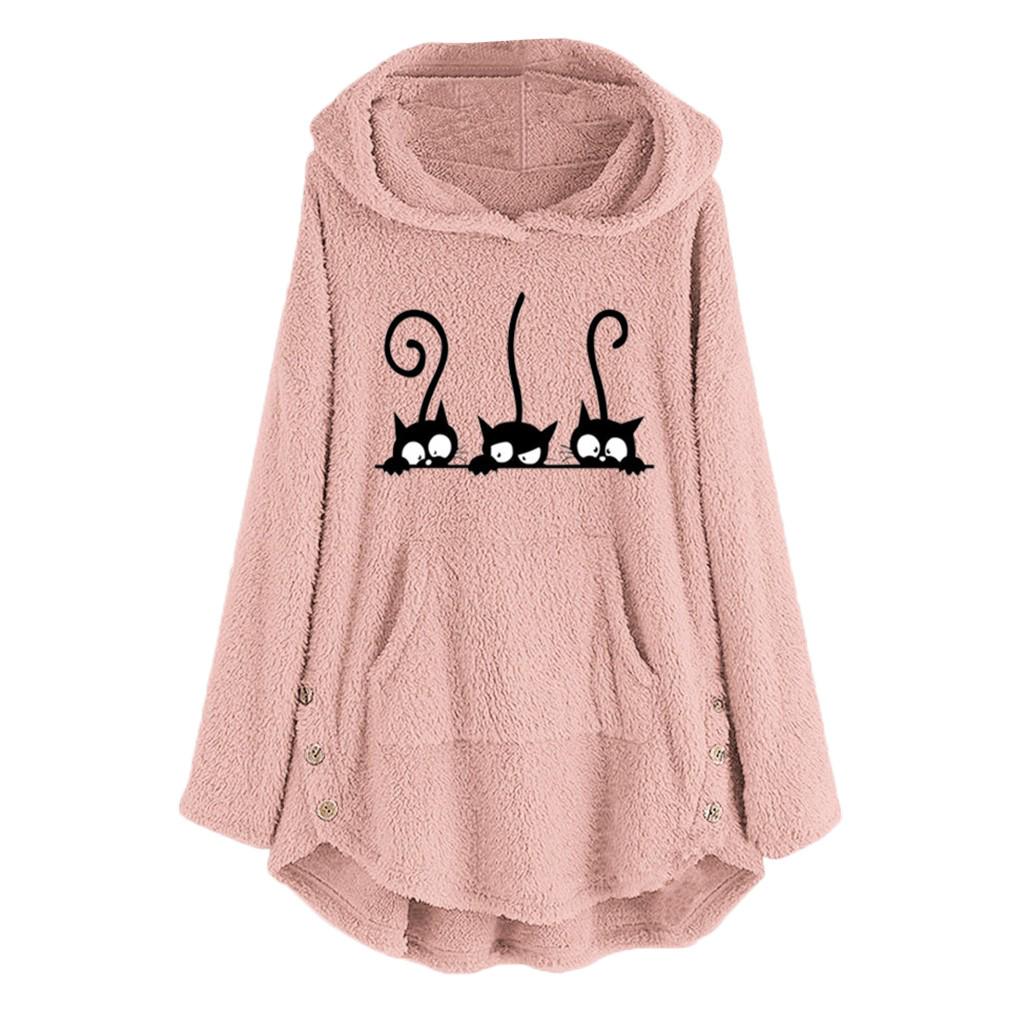 Womens Fleece Cat Embroidery Plus Size Warm Hoodie Top Button Sweater Blouse