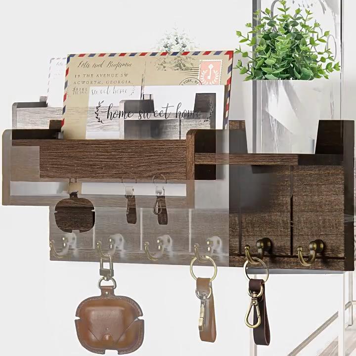 Solid Wood Wall-Mounted Organizer, Multi-Purpose Mail Key Hook Rack, Compact Storage Shelf for Bedroom Study Entryway Home Decor