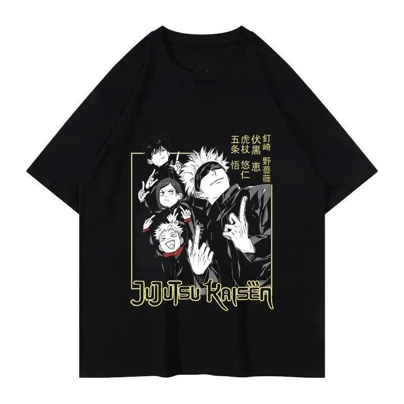 Винтажная черная футболка Jujutsu Kaisen с жирной белой линейной иллюстрацией группы главных персонажей, включая Годжо Сатору, Итадори Юдзи