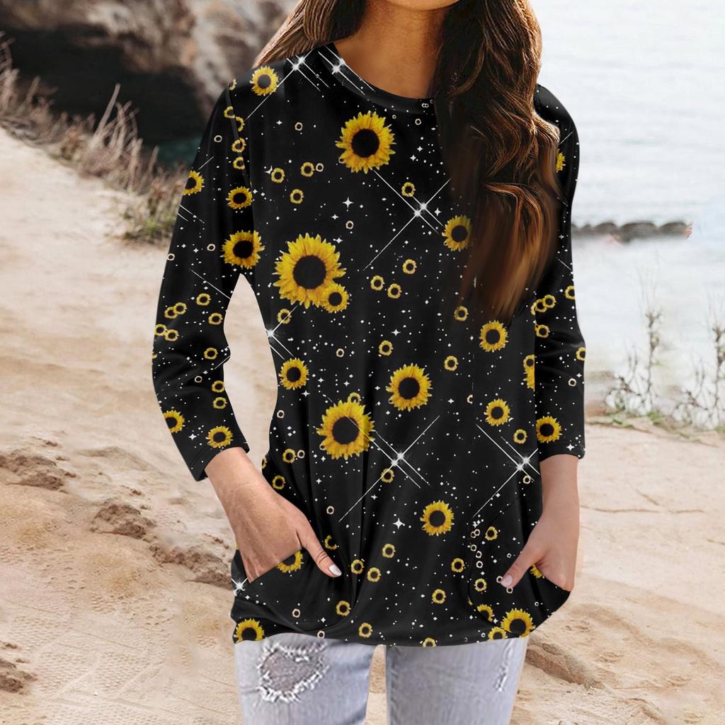 Women's Fashion Casual Round Neck Print 3/4 Sleeve Pocket T-Shirt Top